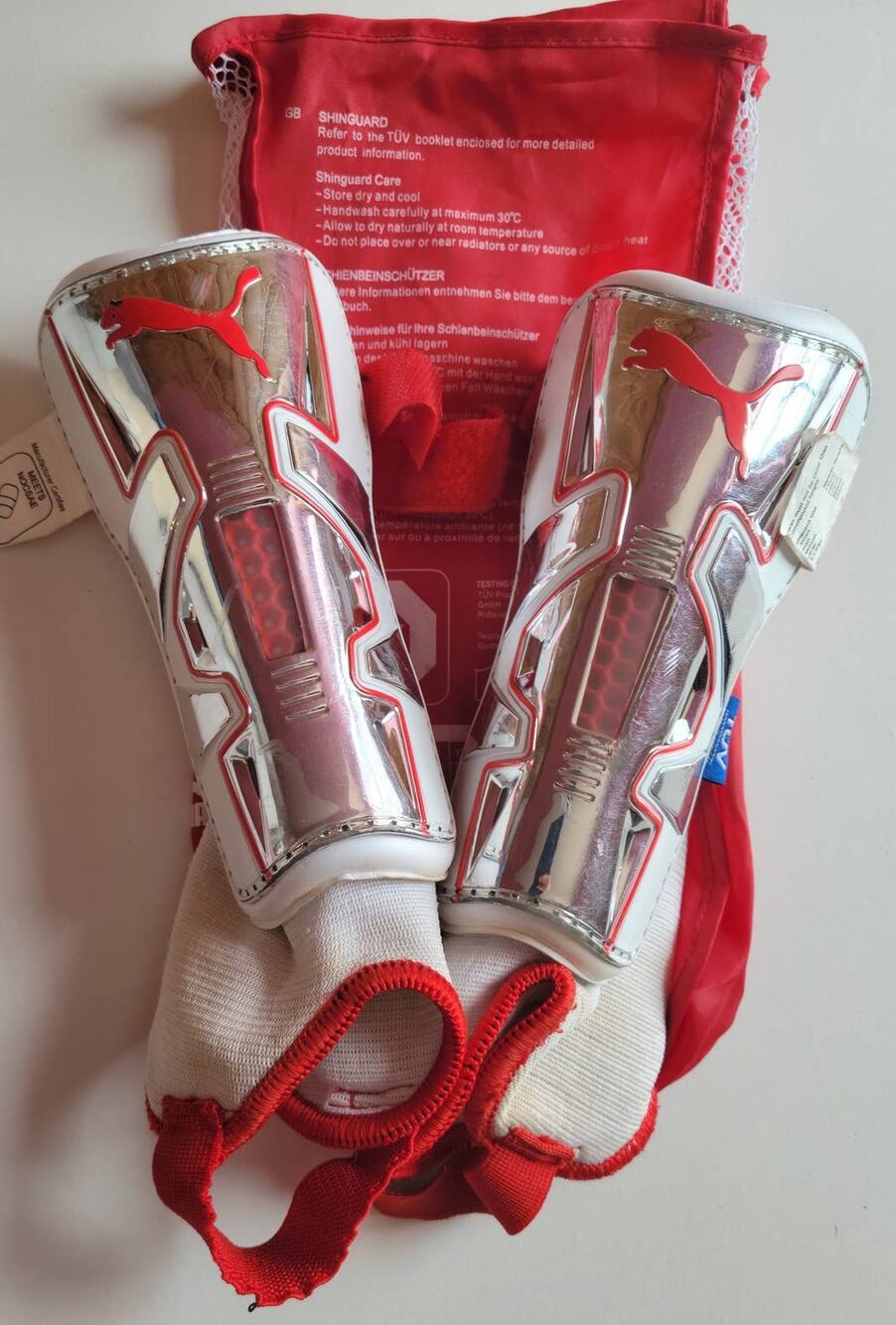 Puma TUV  V-Kat Shin Guards Medium Red White with Bag